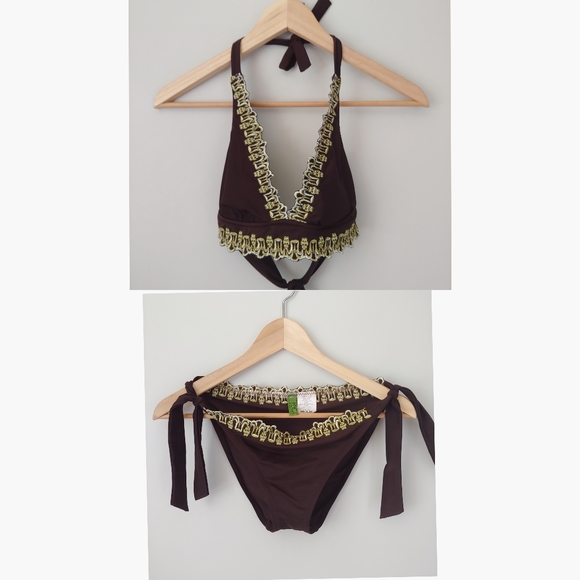 BECCA Other - BECCA Swimsuit Embroidered Tie Bikini Set Brown Vintage Size Small